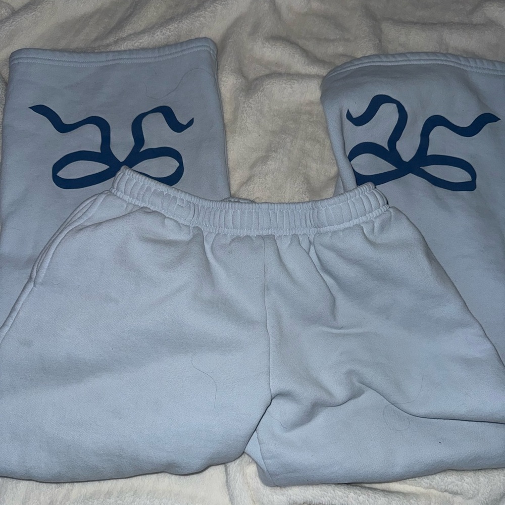 Edikted wide leg sweatpants in Light Blue with Navy Bows
